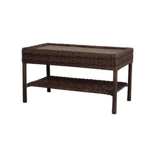 Hampton Bay Cambridge Brown Wicker Patio Coffee Table with Faux Wood Top - Lot 130