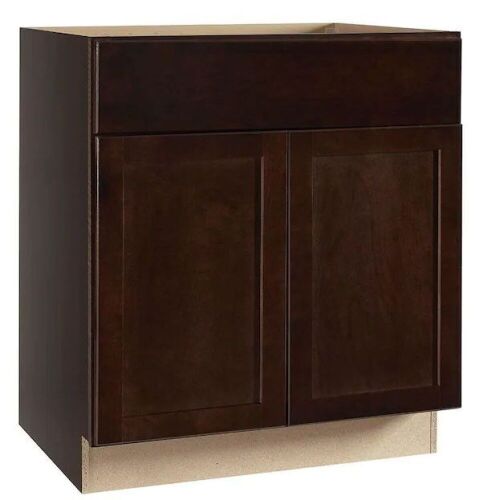 Hampton Bay Shaker 30 in. W x 24 in. D x 34.5 in. H Assembled Sink Base Kitchen Cabinet in Java without Shelf - Lot 180