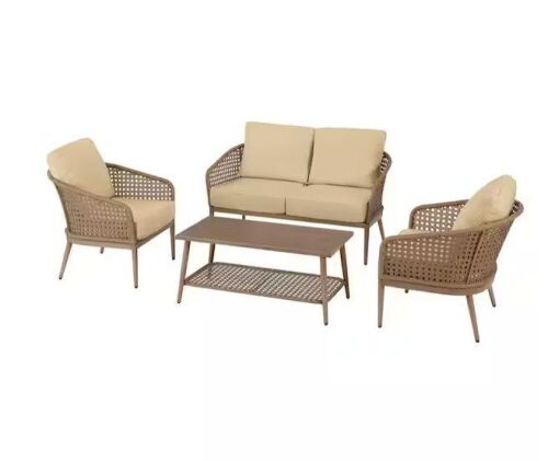 Hampton Bay Coral Vista 4-Piece Brown Wicker and Steel Patio Conversation Seating Set with Bare Cushions - Damage to Wicker on One Chair, Missing Bolt Caps - Lot 40