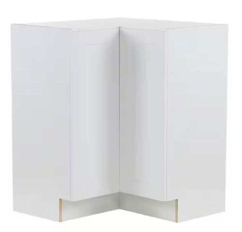 Hampton Bay Cambridge White Shaker Assembled Lazy Susan Corner Base Cabinet w/ 2 Soft Close Doors, 28 in. W x 28 in. D x 34.5 in. H - Lot 192