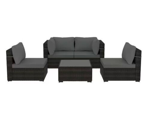5-Piece Brown Wicker Patio Conversation Set Outdoor Sectional Sofa Set with Coffee Table and Dark Gray Cushions  - Lot 18