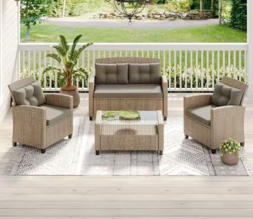 Armitage 4-Piece Wicker Outdoor Patio Conversation Set with Tan Cushions - Blemish on Wicker Table Side Piece  - Lot 13