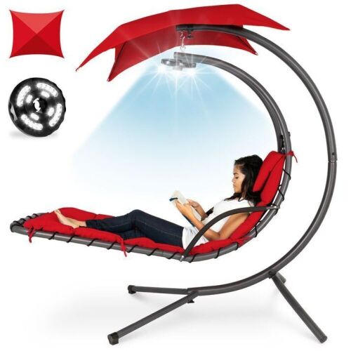 Hanging LED-Lit Curved Chaise Lounge Chair w/ Pillow, Canopy, Stand - Lot 21