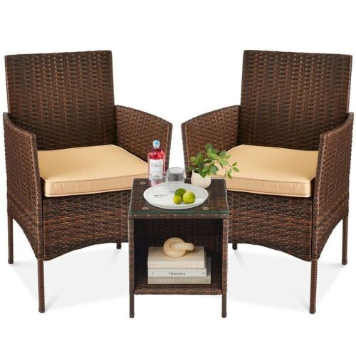 3-Piece Outdoor Patio Wicker Bistro Set w/ Side Storage Table - Lot 35