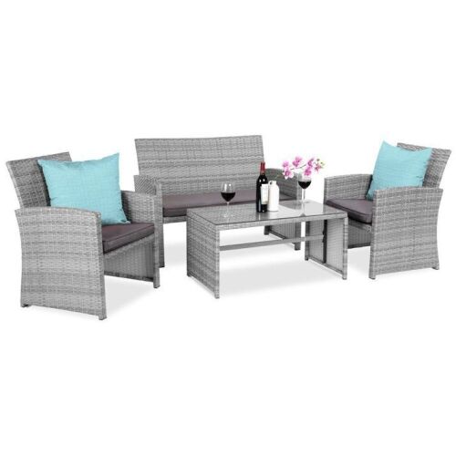4-Piece Outdoor Wicker Conversation Patio Set w/ 4 Seats, Glass Table Top - Lot 39