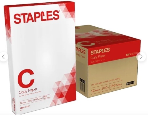 Staples Copy Paper, 11" x 17", 20 lbs., White, 500 Sheets/Ream, 5 Reams - Lot 216