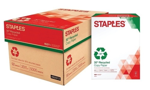 Staples 30% Recycled 8.5" x 11" (US letter) Copy Paper, 20 lbs., 92 Brightness, 5000/Carton  - Lot 219