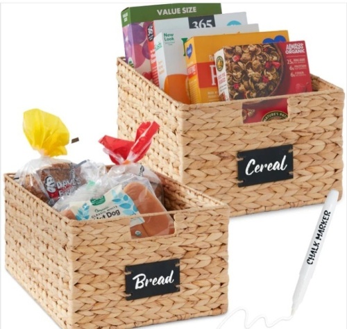Set of 2 Water Hyacinth Pantry Baskets w/ Chalkboard, Marker - 16in - Lot 127