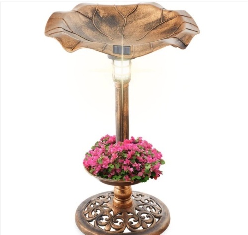 Solar Lighted Bird Bath w/ Planter - Lot 130