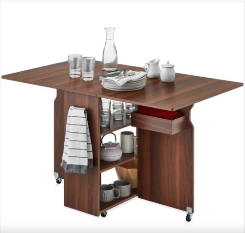 Multipurpose Folding Table w/ Wheels, 3 Storage Shelves, Cubby, Handle - Lot 139