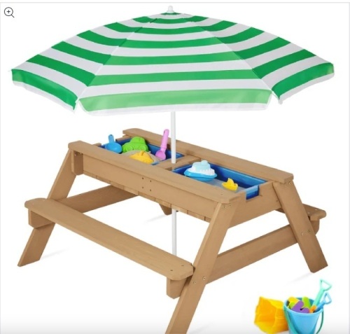 3-in-1 Kids Sand & Water Table Outdoor Wood Picnic Table w/ Umbrella - Lot 140