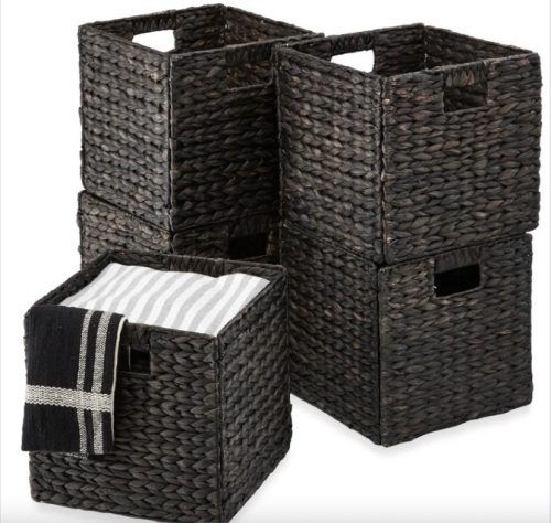 Set of 5 Collapsible Hyacinth Storage Baskets w/ Inserts - 12x12in - Lot 147