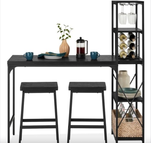 3-Piece Bar Height Dining Set w/ Bottle Rack, Glass Storage, 5 Shelves - Lot 149