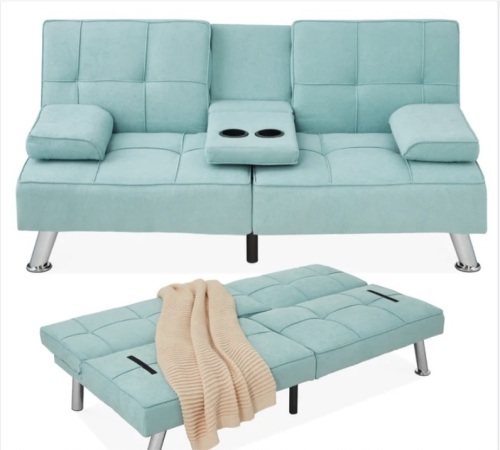 Linen Upholstered Convertible Sofa Bed Futon w/ 2 Cupholders - Lot 352