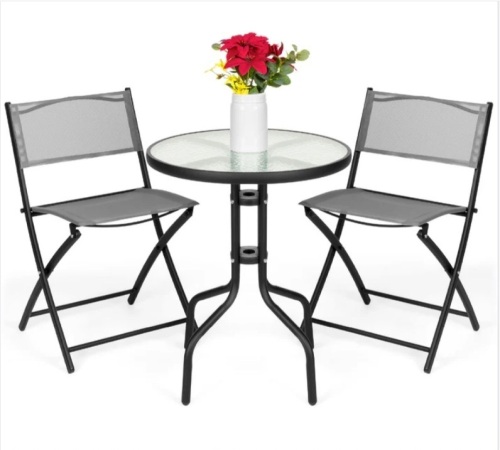 3-Piece Bistro Set w/ Glass Table, 2 Foldable Chairs - Lot 355