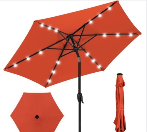 Outdoor Solar Patio Umbrella w/ Push Button Tilt, Crank Lift - 7.5ft - Lot 372