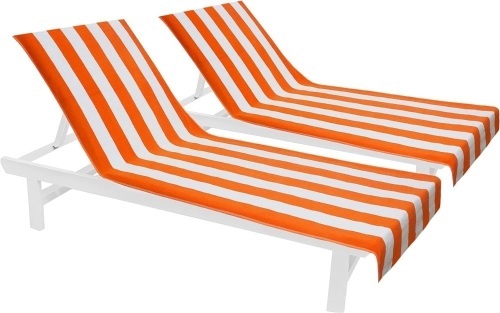 COTTON CRAFT Pool Lounge Chair Cover - 2 Pack - Chaise Beach Picnic Spa Towel - Cabana Stripe - Soft Premium Ringspun Terry Cotton - Oversized - 32 inch wide x 82 inch long with 7 inch Pocket – Orange QTY. 40  - Lot 335