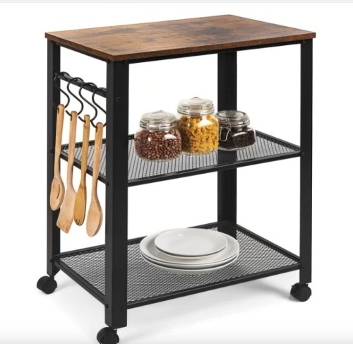 3-Tier Microwave Cart Rolling Utility Serving Cart w/ 2 Shelves, 4 Hooks - Lot 123a