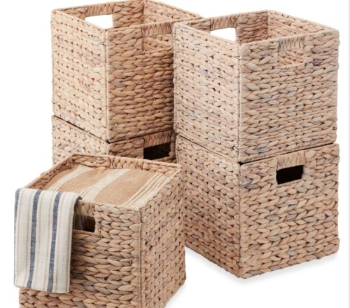 Set of 5 Collapsible Hyacinth Storage Baskets w/ Inserts - 10.5x10.5in - Lot 389