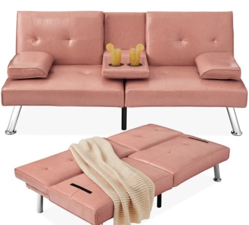 Faux Leather Upholstered Convertible Sofa Bed Futon w/ 2 Cupholders - Lot 500