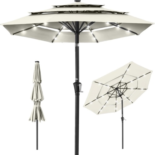 Best Choice Products 10ft 3-Tier Solar Patio Umbrella, Outdoor Market Sun Shade for Backyard, Deck, Poolside w/ 24 LED Lights, Tilt Adjustment, Easy Crank, 8 Ribs - Ivory   - Lot 470