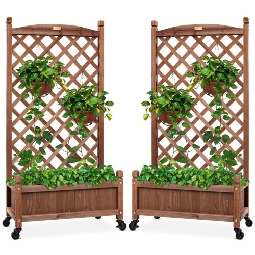 Set of 2 Wood Planter Box & Lattice Trellis w/ Optional Wheels - 48in - Lot 493