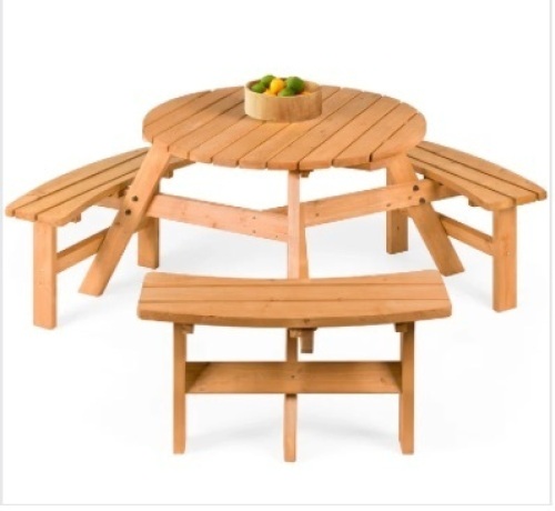 6-Person Circular Wooden Picnic Table w/ Umbrella Hole, 3 Benches - Lot 479