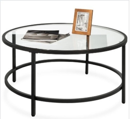 Round Tempered Glass Coffee Table w/ Steel Frame - 36in - Lot 480