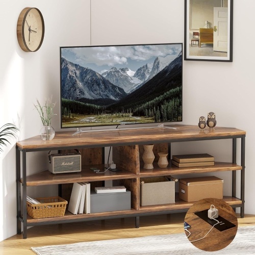 MUTUN Corner TV Stand with Power Outlet,  TV, Corner Entertainment Center, Industrial TV Console Table for Living Room Bedroom, 55 Inch, Rustic Brown - Lot 122