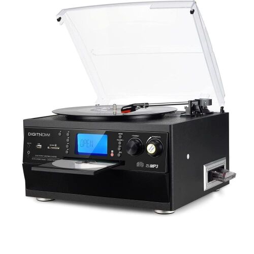 DIGITNOW Bluetooth Record Player Turntable with Stereo Speaker, with CD Player, Cassette, Radio, Aux in and SD Encoding, Remote Control - Lot 140