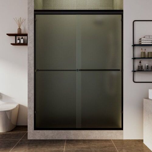 Semi-Frameless Glass Shower Door, Frosted/Black, 60" W x 70" H - Lot 96