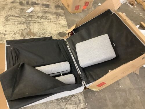 Fabric Upholstered Convertible Futon w/ Rounded Armrests, 2 Cupholders - Missing 1 10mm Screw, 6 16mm Washers, & 1 19mm Washer - Lot 488
