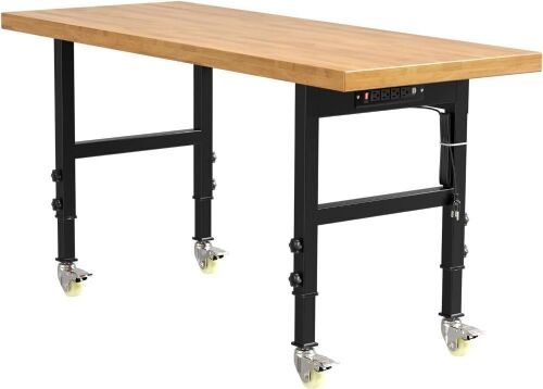  60” Heavy-Duty Solid Wood Work Bench with Wheels, Adjustable Height, Power Outlets, 3000 Lbs Capacity  - Lot 93