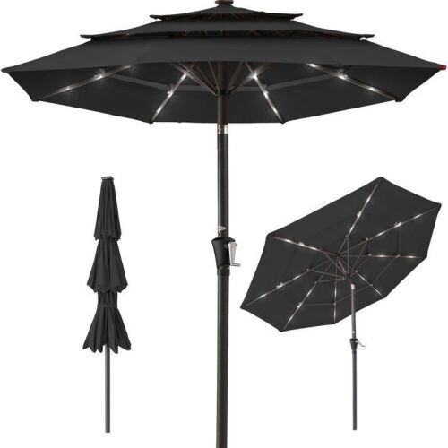 3-Tier Solar Patio Umbrella w/ LED Lights, Tilt Adjustment, Crank - 10ft - Lot 100