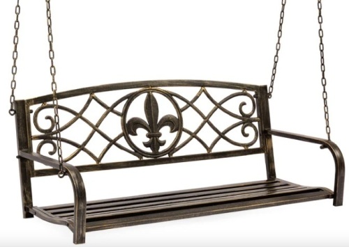 2-Person Outdoor Metal Hanging Swing Bench w/ Fleur-de-Lis Accents - Lot 124