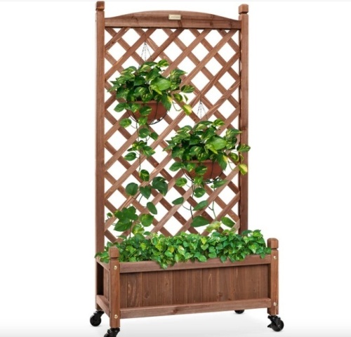 Wood Planter Box & Lattice Trellis w/ Drainage, Optional Wheels - 60in - Lot 125