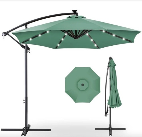 Solar LED Offset Hanging Patio Umbrella w/ Crank Tilt Adjustment - 10ft - Lot 131