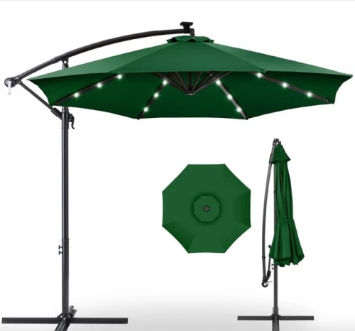 Solar LED Offset Hanging Patio Umbrella w/ Crank Tilt Adjustment - 10ft - Lot 133