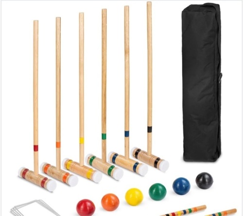 6-Player Wood Croquet Set w/ 6 Mallets, 6 Balls, Wickets, Stakes, Bag - 32in - Lot 202