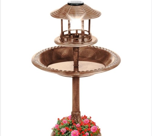 Solar Lighted Outdoor Pedestal Bird Bath w/ Planter, Decorative Bird Cage - Lot 218