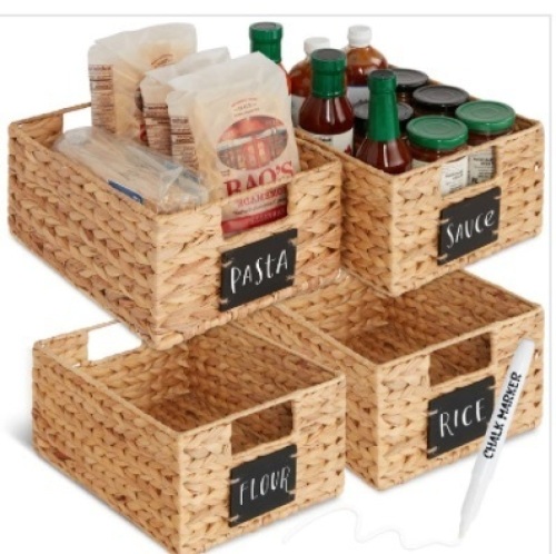 Set of 4 Water Hyacinth Pantry Baskets w/ Chalkboard, Marker - 12in - Lot 319