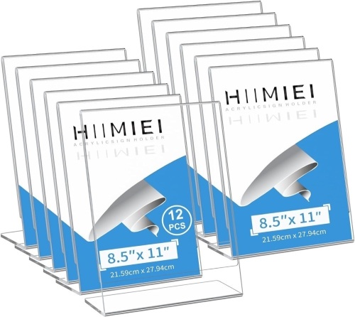 8.5x11 Acrylic Sign Holder, HIIMIEI Slant Back Sign Holders Portrait Ad Frames Clear Durable Flyer Display Stand for Office Home Store Restaurant Pack of 12  - Lot 280