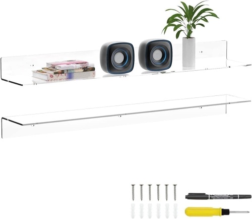 36 Inches Clear Long Floating Shelves for Wall, Acrylic Long Wall Shelf, Wall Mounted Shelves for Plants, Radio, Funko Pop, Books, Picture Frame, Clock, Cosmetics, Toiletries, 2 Pack  - Lot 277