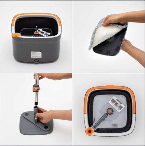 SPIN SHINE Spin Mop and Bucket System with Silicone Broom - 360° Swivel Head, Dual Water Compartments, and 3Microfiber Pads - Lot 370
