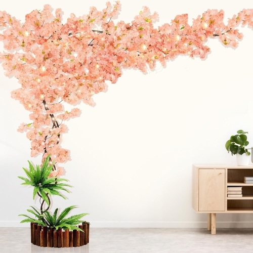 Artificial Cherry Blossom Tree with LED Light, Fake Tree Cherry Blossom Tree Artificial Champagne Pink Sakura Tree for Party, Wedding, Office, Home Decor, Indoor & Outdoor (4 x 6.5ft Vine) - by TTDMK - Lot 7405
