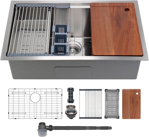 Kitchen Sink 32" x 19" Multifunctional Undermount Workstation Kitchen Sink S304 Stainless Steel Handmade Modern Single Bowl Kitchen Sink with Accessories and Integrated Ledge - 10 Inch Depth - Lot 7409