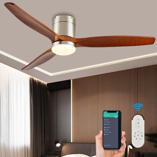 52 Inch Low Profile Ceiling Fan With Lights 3 Wood Fan Blade Noiseless Reversible DC Motor Remote Control Flush Mount Ceiling Fan With Light for Farmhouse Modern Style Contemporary Decor - Lot 7413