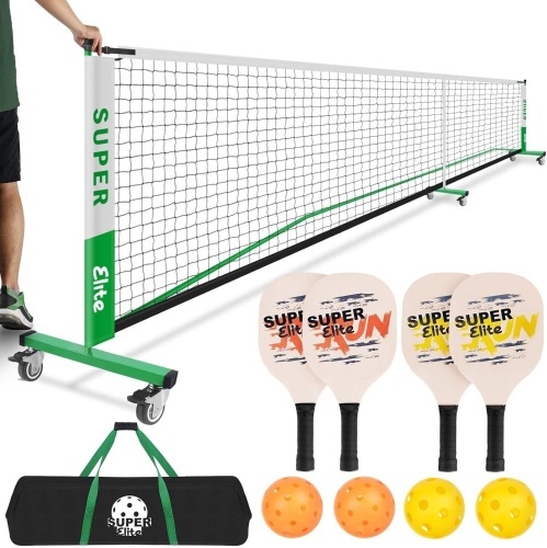 Pickleball Net on Wheels for Easy Mobility, Tournament Regulation Size Perfect for Driveway, Indoor Gym Floor, Pickleball Nets Portable Outdoor with Wheels, 4 Paddles, 4 Balls, Carrying Bag - Lot 7421