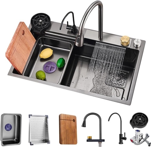 Waterfall Kitchen 32in Sink Single bowl kitchen sinks Black stainless steel bar sink with Pull-Faucet，Nano family sink undermount of Countertop installation with Full set of Accessories - Lot 7423