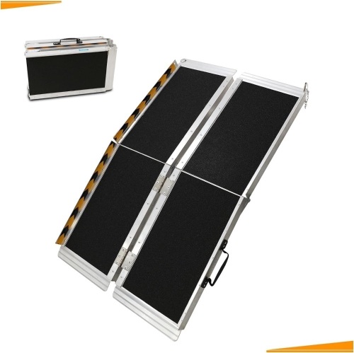 Portable Wheelchair Ramp 4FT, 48" L x 29" W Non-Skid Aluminum Foldable Handicap Ramps for Steps, 600lbs Capacity Threshold Ramps, Lightweight with Handle, for Home, Stairs, Doorways, Curbs - Lot 7462